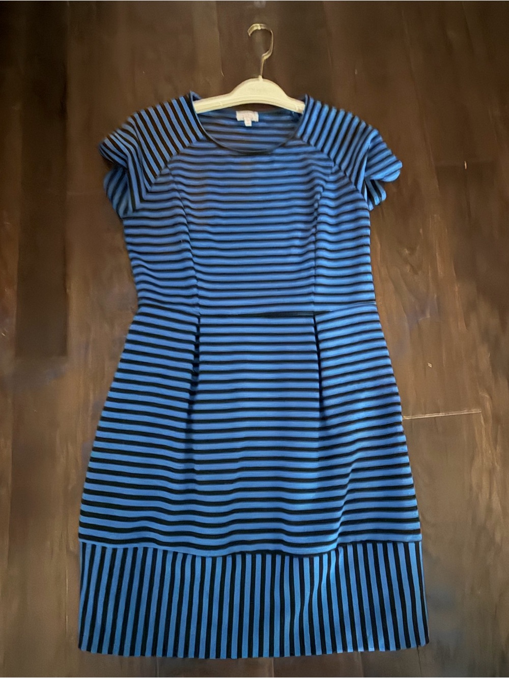 Striped Blue and Black Short Sleeve Fit-and-Flare Mini Dress